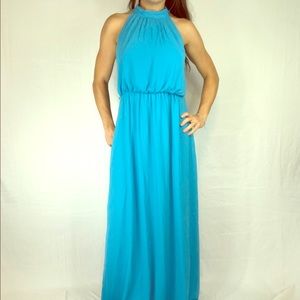 Blue goddess chiffon maxi dress with pockets.